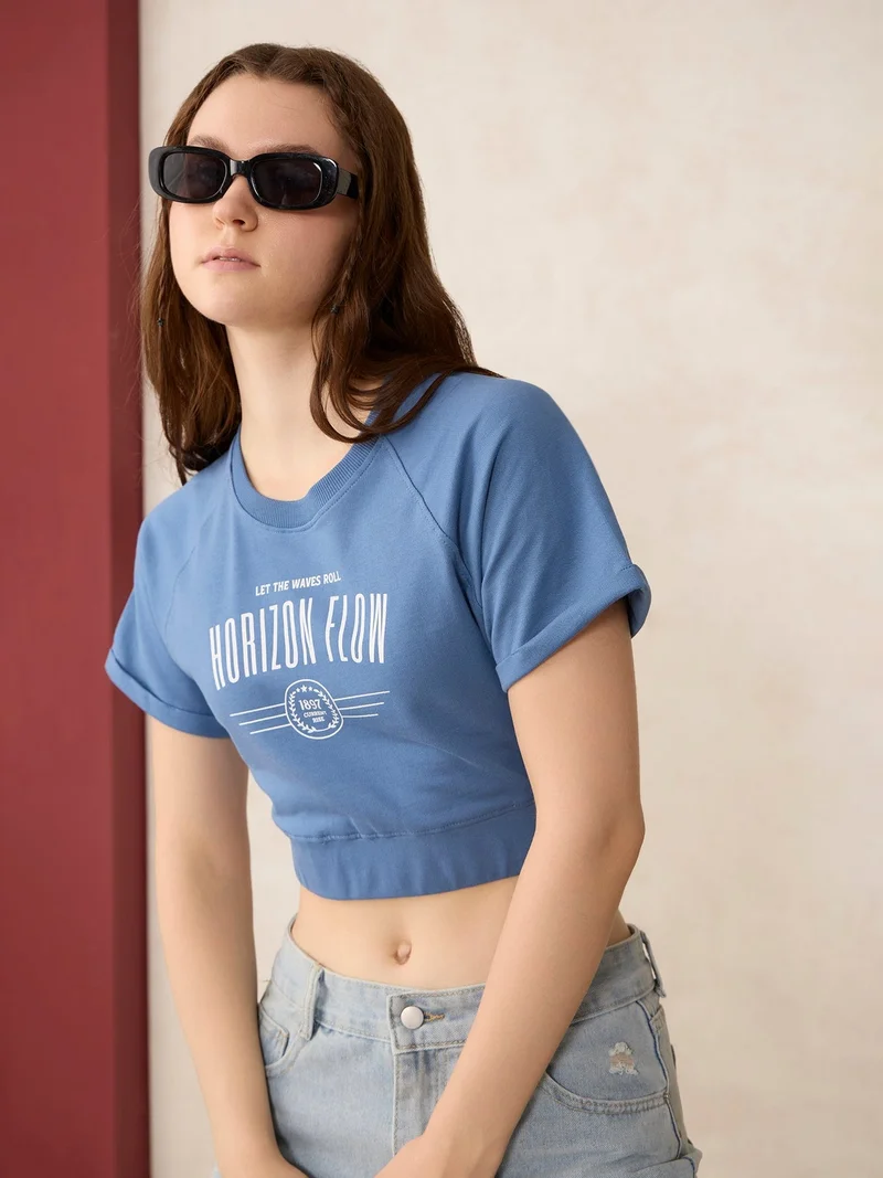 Outzidr blue Blue Cropped Raglan Sleeve Sweatshirt for Women | Best Price UAE